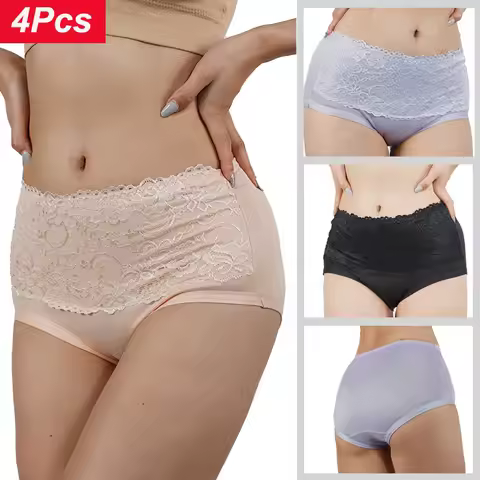 4Pcs Women High Panties Lace Floral Crochet Briefs Underwear Woman Intimate Lingerie Breathable Fema