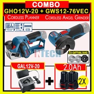 BOSCH COMBO GHO12V-20 CORDLESS PLANNER C/W GWS12-76V-EC CORDLESS ANGLE GRINDER + GAL12V-20 CHARGER + 12V 2x 2.0AH BATTER