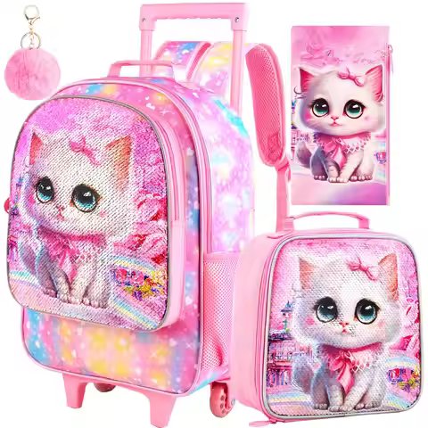 4PCS Rolling Backpack for Girls, Kids Cat Roller Wheels School Bookbag with Lunch Bag, Wheeled Schoo
