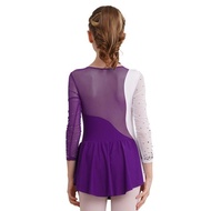 Rhinestone Figure Ice Skating Dress Kids Girls Long Sleeve Mesh