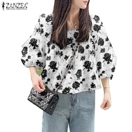 ZANZEA เสื้อสตรีแขนพัฟคอสี่เหลี่ยมพิมพ์ลายดอกไม้ลำลองวันหยุดฮิปปี้