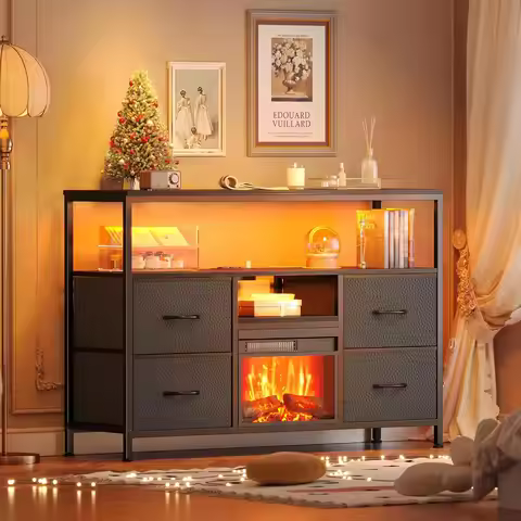 Fireplace TV Stand with Power Outlets and LED Lights,TV Stand Dresser for 50 43 Inch TV,4 Drawers Fi