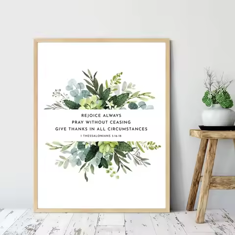 1 Thessalonians 5:16-18 Greenery Bible Verse Poster Print Wall Art Canvas Painting Scripture Christi