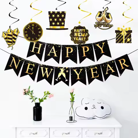1set 2026 Happy New Year Banners Glitter Black Gold Paper Banner Xmas Eve Party Bunting Christmas Ga