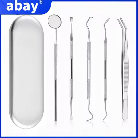 Dental Stainless Steel Cleaning Kit with Storage Box Dental Mirror Explorer Tweezer Probe Hoe Sickle