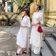 Áo dài cách tân XUÂN THÌ voan tơ 4 tà thêu tay nơ nhỏ kèm quần dài satin HAVANA AD103