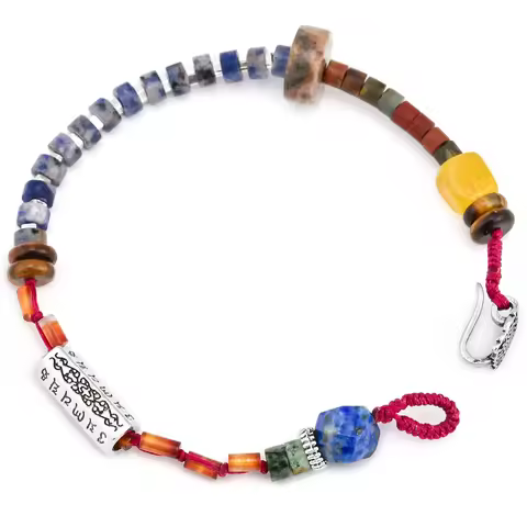 Tibetan Red Lucky Bracelet for Women Carnelian and Lapis Lazuli OM Protection Amber Jasper Braided B