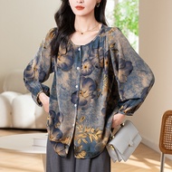 New Fashion Thailand Blus Wanita Kasual Lengan Panjang Leher Bulat Longgar Sifon