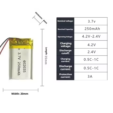 3.7V 250mAh 402035 Lithium Polymer Battery for Xiaomi Yi Smart Dash Camera DVR and GPS Mp3 Bluetooth
