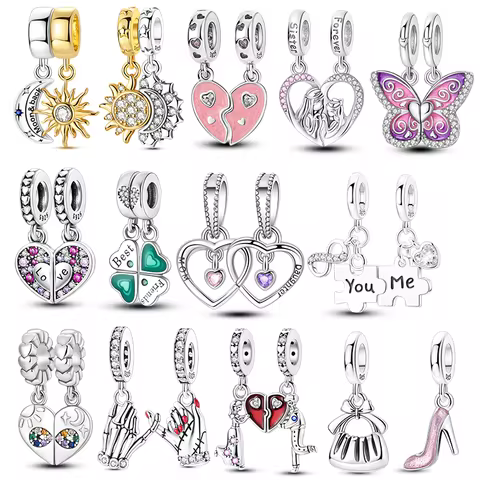 Original 925 Sterling Silver Charms Bead CZ Four Leaf Clover Sun Butterfly Dangle Fit Bracelet DIY W