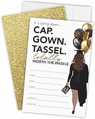Graduation Invitation Cards - Grad Girl Cap Gown Tassel, Totally Worth The Hassle - 20 Invites With Envelopes, High School, College, University,Party Favor, Decorations &amp; Supplies-01