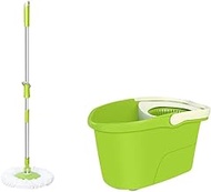 YWAWJ Dry And Wet Dual Use, Dust Removal 360 Spin Mop with Stainless Steel Bucket System Spinning and Bucket Cleaning Set Non-slip Adjustable Handle Hangable Multifunction Spin Mop with Green Head *2