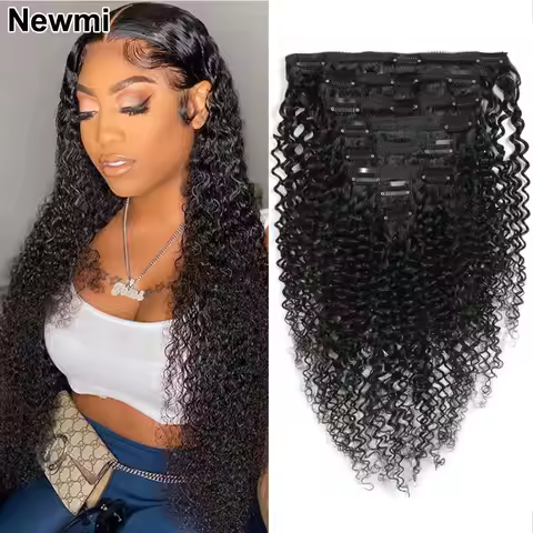 Kinky Curly Clip in Human Hair Extensions Newmi Natural Black 8pcs 120g/set 3b 3c Curly Clip in Hair