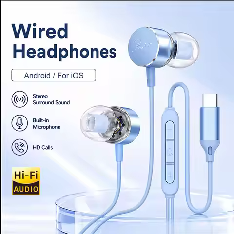 Wired Earphones 9D Surround Sound Type C Headphones Volume Control Headset With HD Mic Earbuds For i