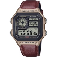 Casio แบตเตอรี่ 10 ปี กันน้ำ100m นาฬิกาข้อมือผู้ชาย สายหนัง รุ่น AE-1200WHL-5A ของแท้ประกันศูนย์ CMG
