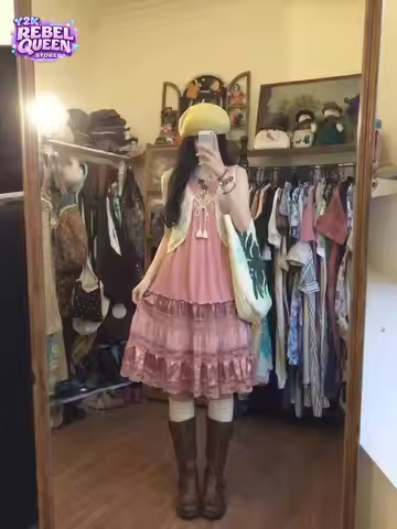 Y2K Vintage Mori Girl Sweet 3 Piece Set Women Camisole Top Skirt Lace Trim Ruffle Hem Cropped Cardig