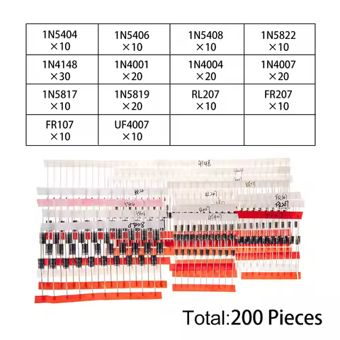200PCS 14Values DIP Diode Kit 1N4148 1N4007 1N5404 for Electronics Projects 1N5404 1N5406 1N5408 RL2