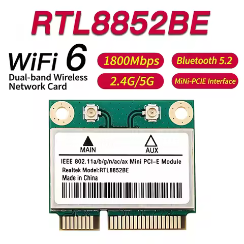 Mini PCI-E Wifi 6 AX1800 Bluetooth 5.2 Wireless Card RTL8852BE For Laptop Win 10 11