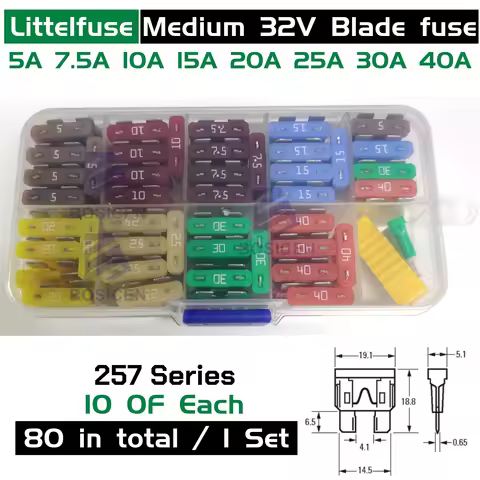 80PCS/1Set Littelfuse LF 32V (5A 7.5A 10A 15A 20A 25A 30A 40A) 1Kit Medium ATO Blade Fuse For RV/Tru