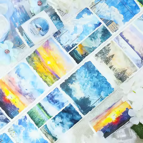 7cm*2m Aesthetic Watercolor Landscape Washi TapeTransparent Stickers Decorative Adhesive Tape For Sc