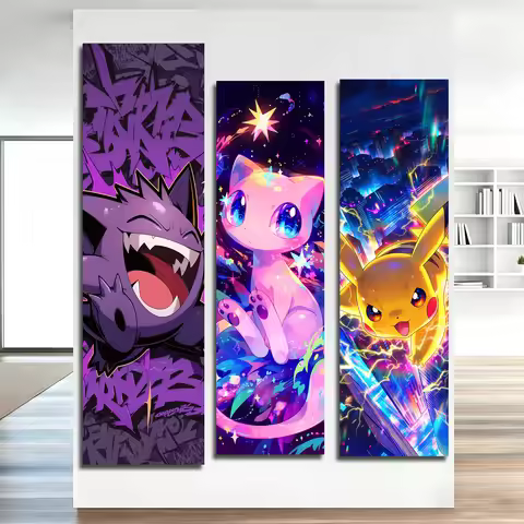 Pokemon Gengar Mew Pikachu Vertical Tapestry Set, Anime Graffiti & Neon Wall Hanging