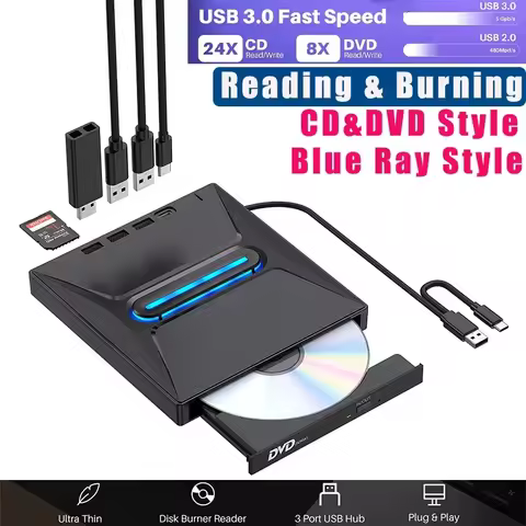 External Blu Ray Burner, CD DVD Burner, CD/DVD+/-RW Drive SD Card Reader, CD ROM Burner, DVD Player 