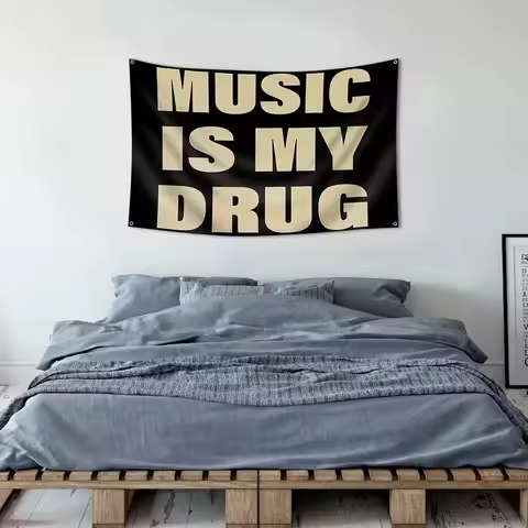 1PC Music Is My Drug quote tapestry, designed for music lovers, features a minimalist black and brow