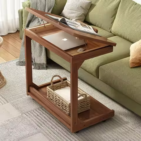 Mobile solid wood coffee table, living room storage rack, living room sofa flip side table, bedroom 