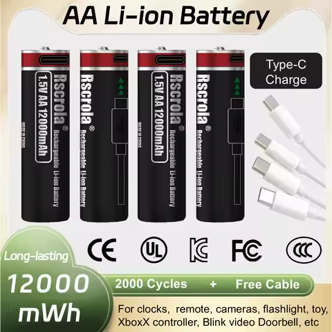 Universal AA Li-Ion Battery,Rechargeable 12000mAh 1.5v Battery Long Lasting power for Camera,VR cont