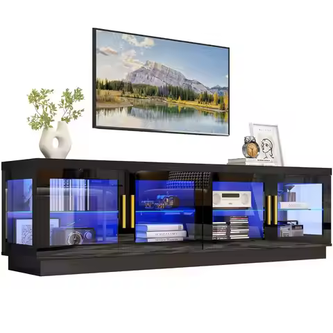 71IN LED TV Stand for 85/80/75inch TV,High Glossy Modern Black TV Stands for Living Room,Gaming Ente