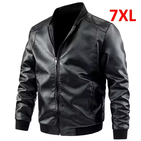 Plus Size 6XL 7XL PU Jacket Men Faux Leather Coat Casual Motorcycle Biker Coat Solid Color Leather J