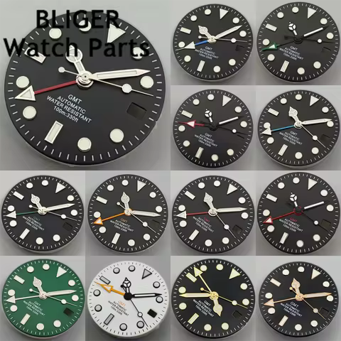 BLIGER 29mm GMT Watch Dial Black White Green Dial With Hand Set Orange Red Green GMT Text C3 Green L