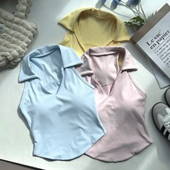 【Yogaheal】Woman Sports Vest Polo Neck Nude Breathable Slimming V-neck Top Gym Exercise