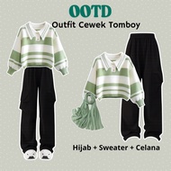 Modern Women's Outfit (Striped Sweater, Cargo Pants, Square Hijab) Airport L042