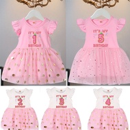 Birthday Baby Little Girls Pink Dress Kids Princess Tutu Dresses Infant 1St 2 Years Outfits Toddler Short Sleeve Gold Dots Star