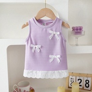 Toddler Girl 20-25Lbs Summer New Comfortable Fabric Pink-Purple 3D Bow Backless Embroidered Floral E