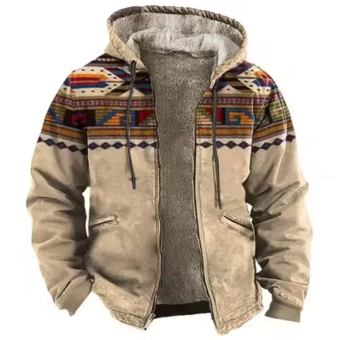 Men Jacket Cardigans Native Aztec Buffalo Coats Festival Printed Thick Outdoor Hunting Fleece Winter