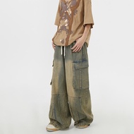 American Retro Large Pocket Overalls Wide Pants Jeans Distressed Washed Korean Loose Wide-Leg Straig