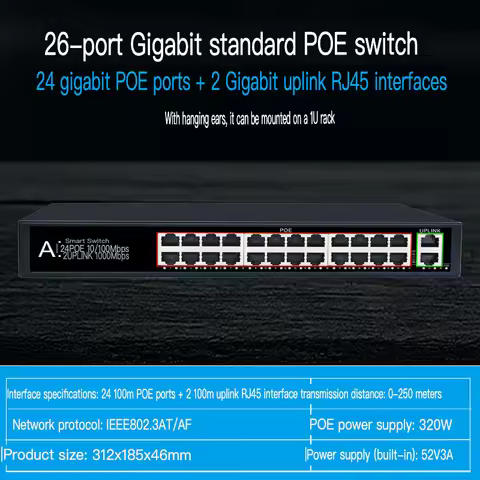 POE switch 24 port 100Mbps 48V standard power supply monitoring compatible with Hikvision Dahua