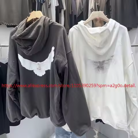 Men Women Loose Casual Streetwear Peace Dove Wing Print Kanye West Hooded Sweatshirts DONDA Pullover