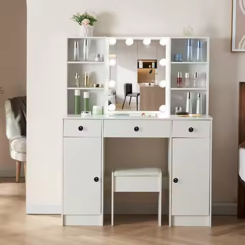 【11.11 Deals, Black Friday】Large Dressing Table Stool Set w/ LED Light Mirror White Vanity Makeup De