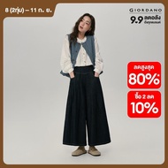 GIORDANO Women Jeans Topstitch Elastic Waist Denim Pants Pleated Wide Leg Buttons Pockets Fashion Ca