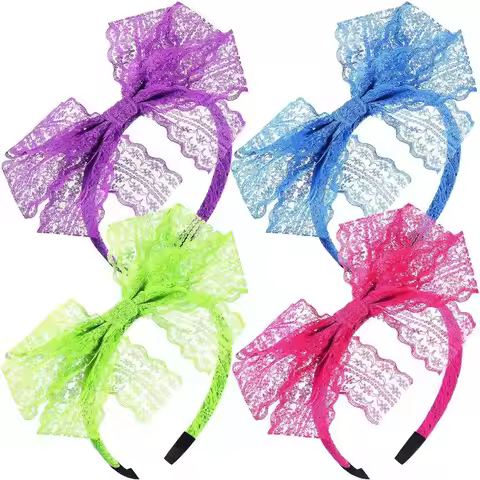 PESENAR 80's Lace Headband Costume Accessories for 80s Theme Party, No Headache Neon Lace Bow Headba