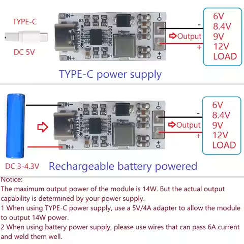TYPE-C Boost for Arduino Router Wifi IP Camera NAS Network Disk 14W DC 5V to 6V 8.4V 9V 12V