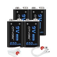 CITYORK แบตเตอรี่ลิเธียมไอออนแบบชาร์จไฟได้ 9V 650mahไมโคร USB 6F22 แบตเตอรี่ลิเธียม 9V สำหรับมัลติมิ