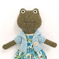 Green frog girl, handmade plush toad toy, wool stuffed doll