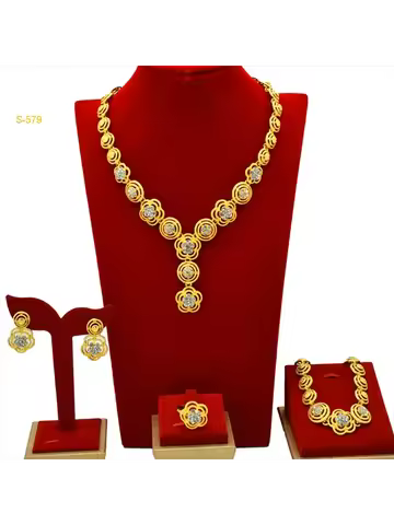 Diamond-Studded Floral Elegant Necklace Bracelet Earrings Ring 4-Piece Set Women 24K Gold AU999 - Li