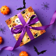 1 Roll Of 43cm X 500cm (17in X 16.4ft) Halloween Wrapping Paper With Cute Pumpkin, Ghost & Spider De