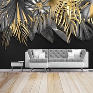 【SA wallpaper】 Custom Mural Wallpaper 3D Nordic Style Hand Painted Tropical Plant Golden Leaves Mural Living Room Bedroom Background Wall Paper