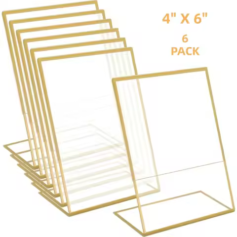6-Pack 4x6 Gold Picture Frames Clear Frameless Acrylic Self-Standing Photo Frames for Wedding Table 